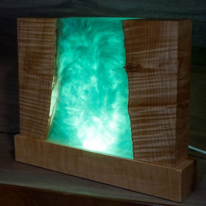 Color changing lamp with epoxy and live edge maple