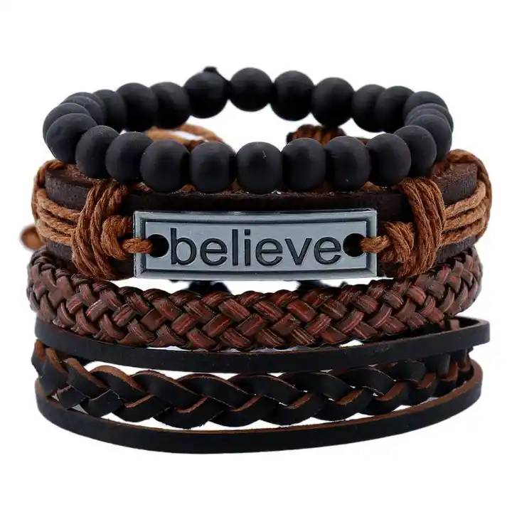 New Arrival Punk Style Black Stone Beaded Braided Leather Custom Engraved Believe Faith Bracelets 50PC