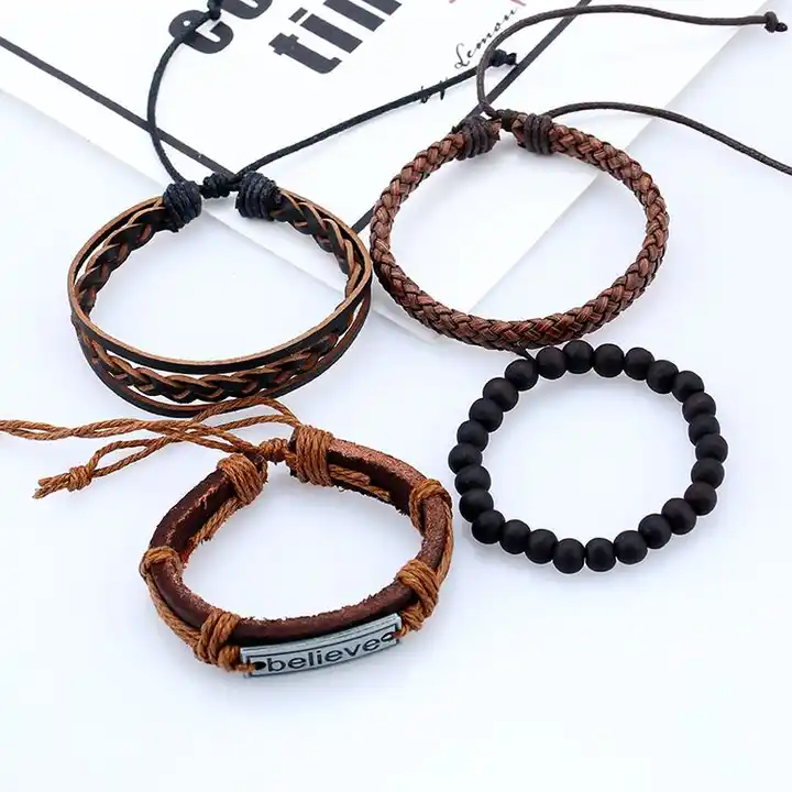 New Arrival Punk Style Black Stone Beaded Braided Leather Custom Engraved Believe Faith Bracelets 50PC