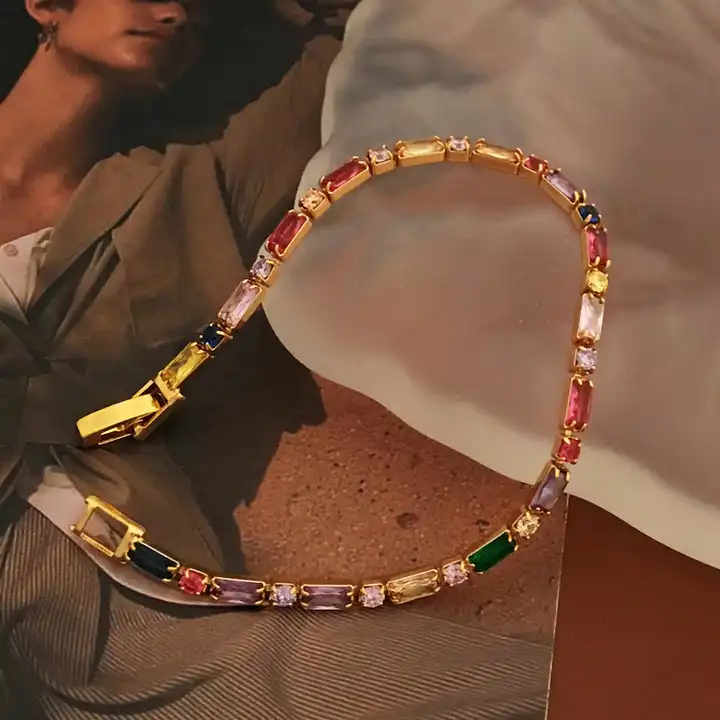 2023 Hiphop Dazzling Contrast Color Zircon Retro And Elegant Gold Adjustable Bracelet 10pc