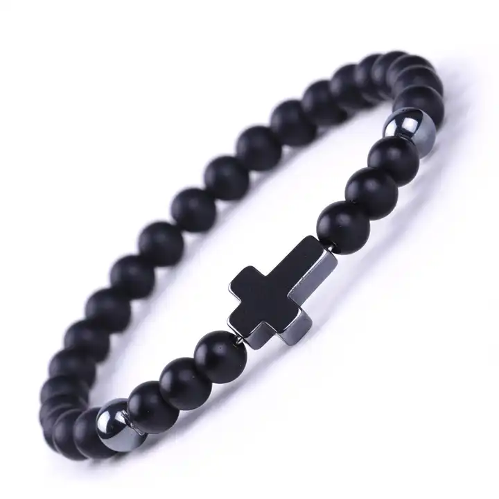 2023 6mm African Turquoise Volcanic Stone Map Stone Shoushan Stone Black Magnet Cross Beaded Bracelet 100pc