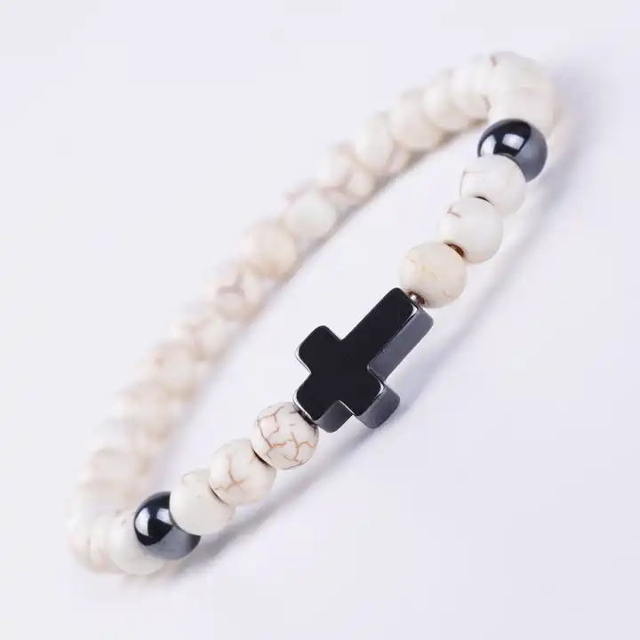 2023 6mm African Turquoise Volcanic Stone Map Stone Shoushan Stone Black Magnet Cross Beaded Bracelet 100pc