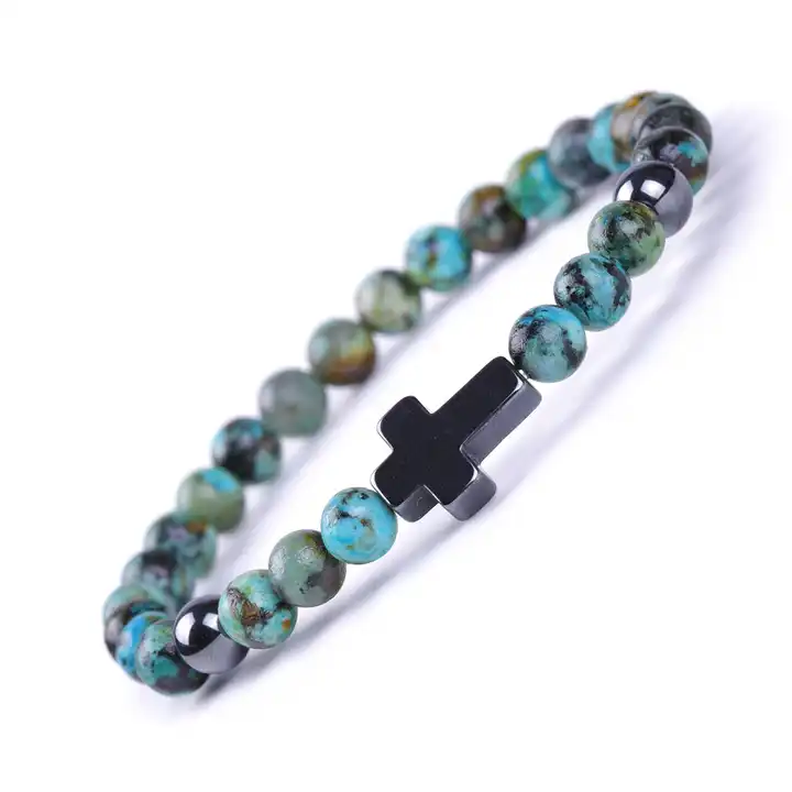 2023 6mm African Turquoise Volcanic Stone Map Stone Shoushan Stone Black Magnet Cross Beaded Bracelet 100pc