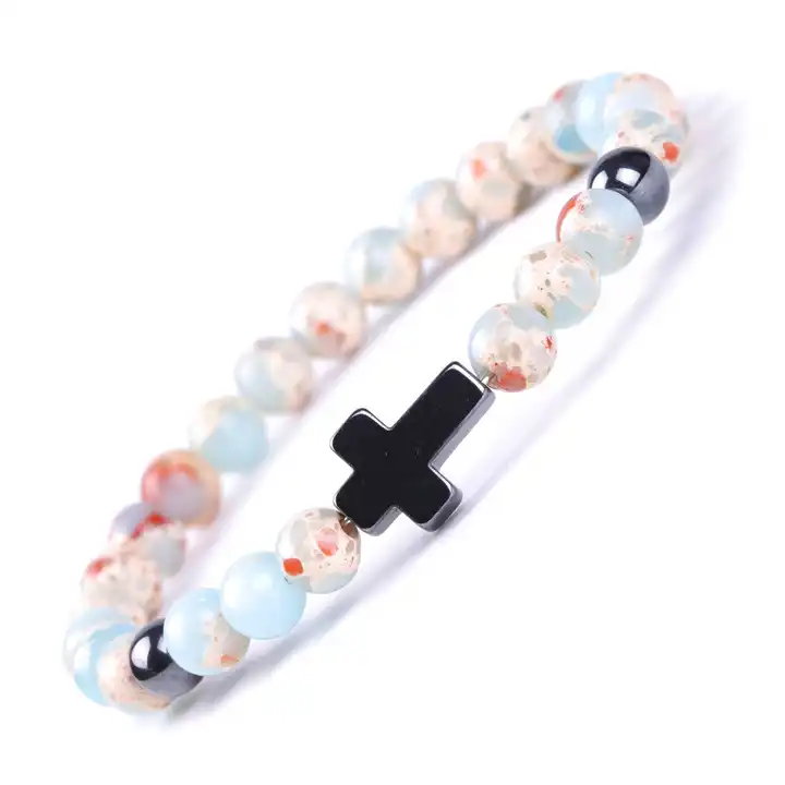 2023 6mm African Turquoise Volcanic Stone Map Stone Shoushan Stone Black Magnet Cross Beaded Bracelet 100pc