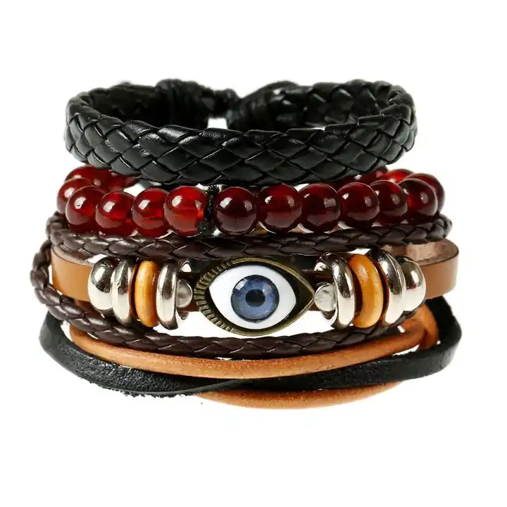 New Arrival Custom Bracelets In Bulk Retro Men\'s Multilayer Braided Leather Bracelet Turkish Eye Jewelry 100pc
