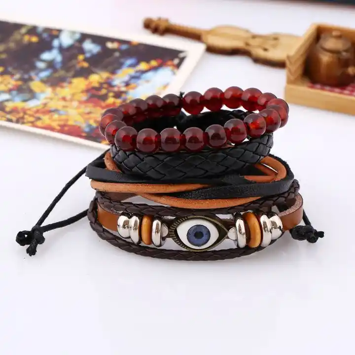 New Arrival Custom Bracelets In Bulk Retro Men's Multilayer Braided Leather Bracelet Turkish Eye Jewelry 100pc