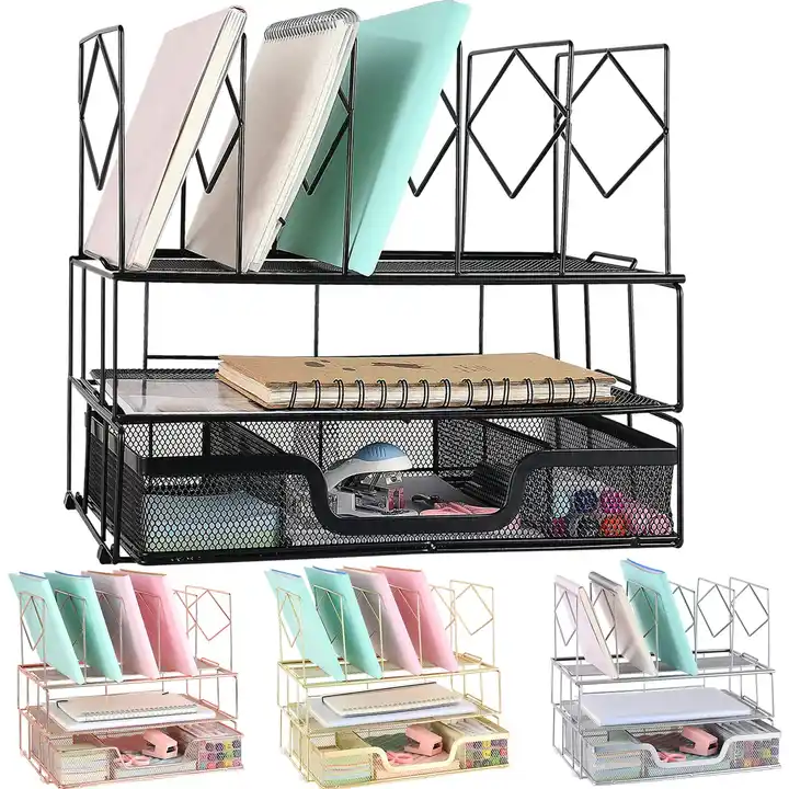 Metal Desk Organizers And Accessories Office Supplies Desk Organizer with Sliding Drawer Double Tray And 5 Upright Sections 10pc