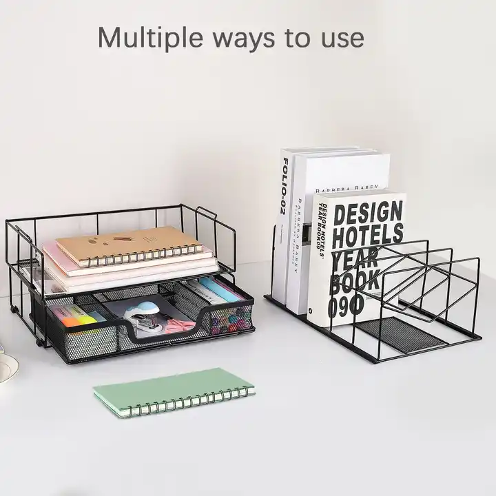 Metal Desk Organizers And Accessories Office Supplies Desk Organizer with Sliding Drawer Double Tray And 5 Upright Sections 10pc